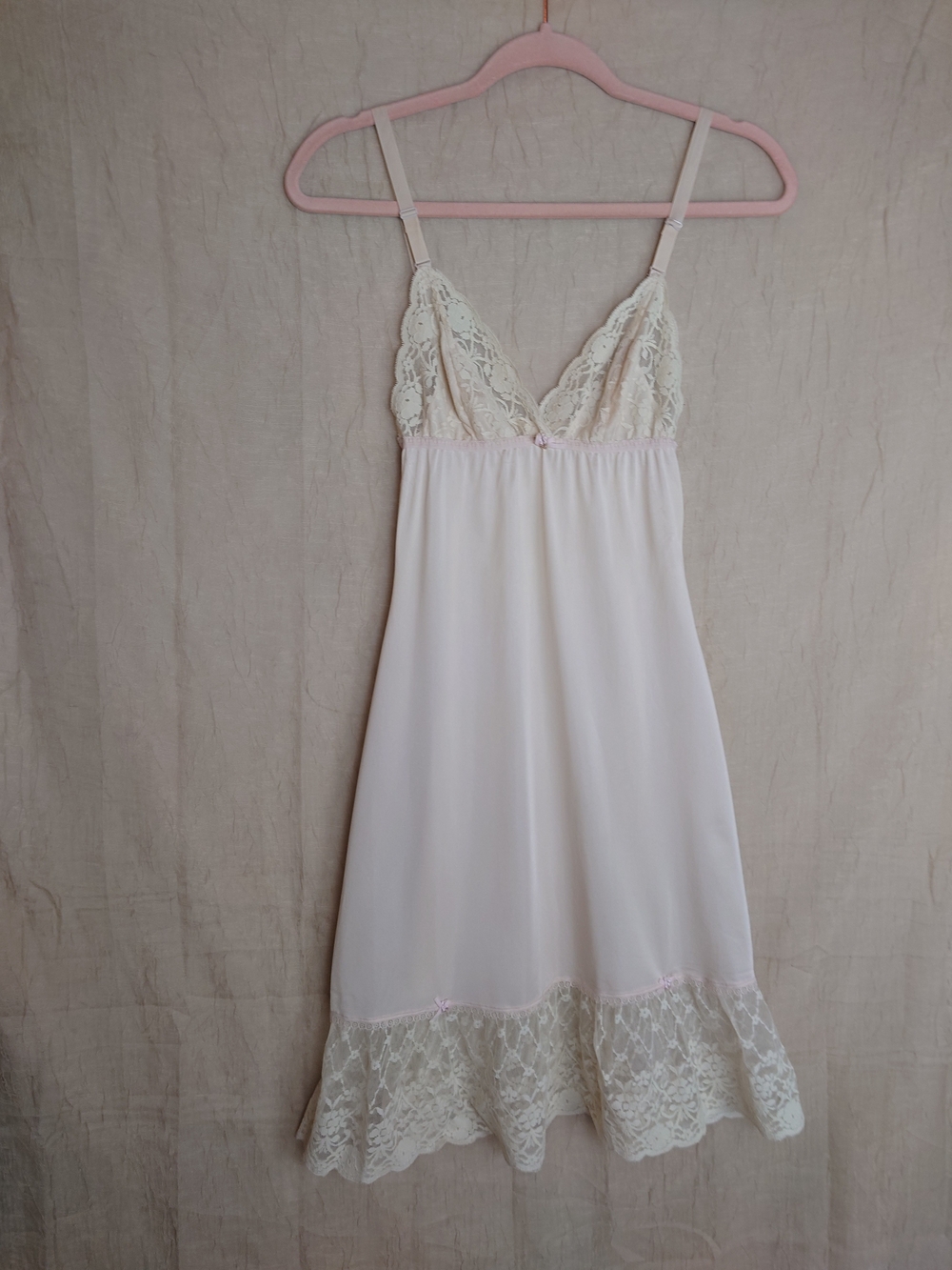 Vintage 70s Delicate Cream Lace-Trim Slip Dress -